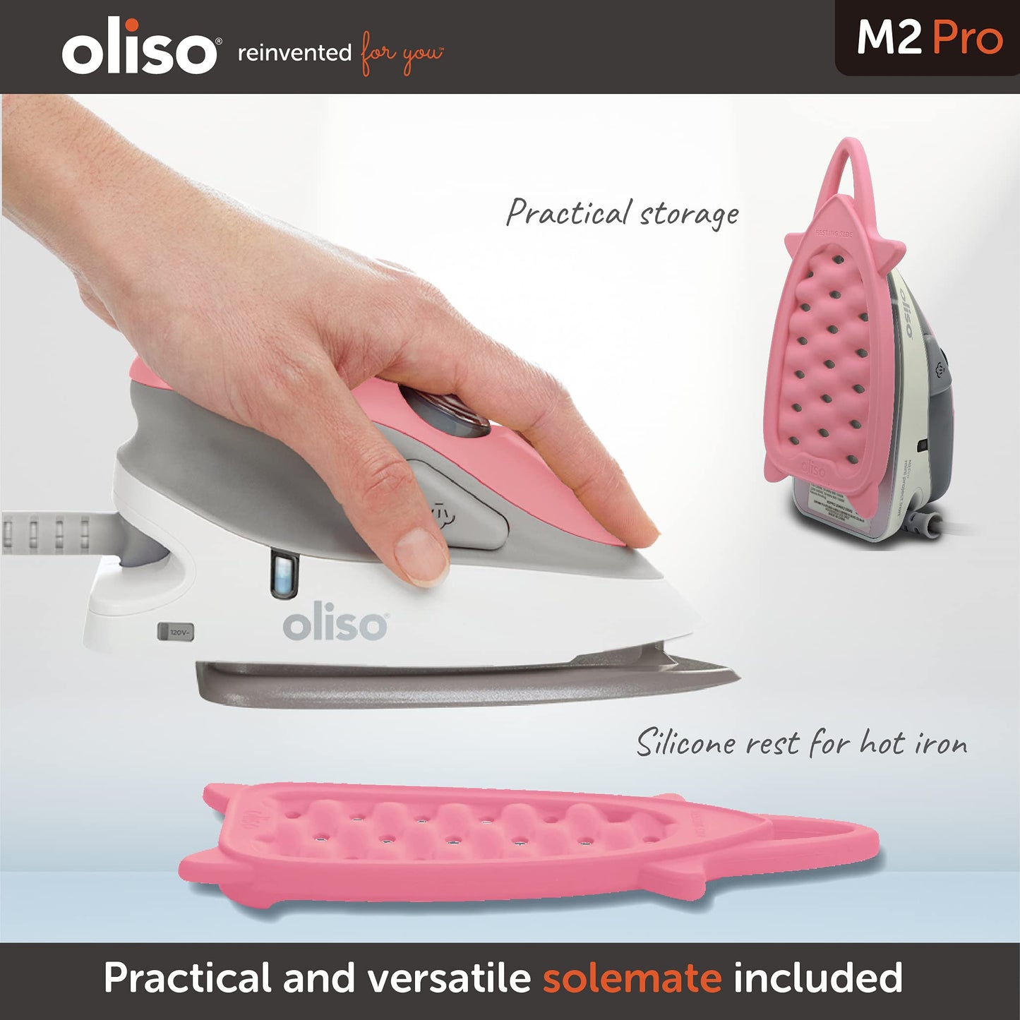 Oliso M2 Mini Project Steam Iron with Solemate - for Sewing, Quilting, Crafting, and Travel | 1000 Watt Dual Voltage Ceramic Soleplate Steam Iron, Pink
