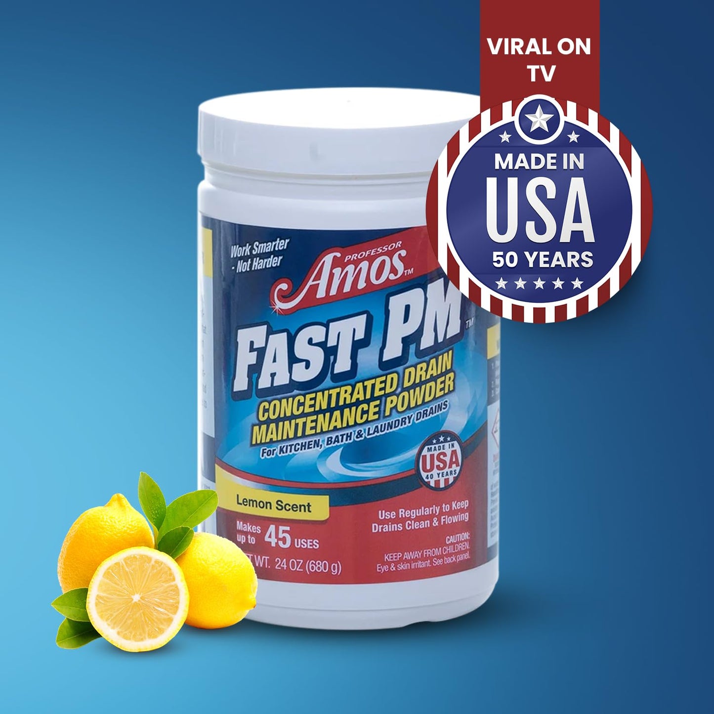 Professor Amos Fast PM Drain Maintenance Powder Concentrate Preventative Drain Cleaner Powder Garbage Disposal, Washing Machine, Dishwasher, Sink, Bathtub, Shower 24 Oz