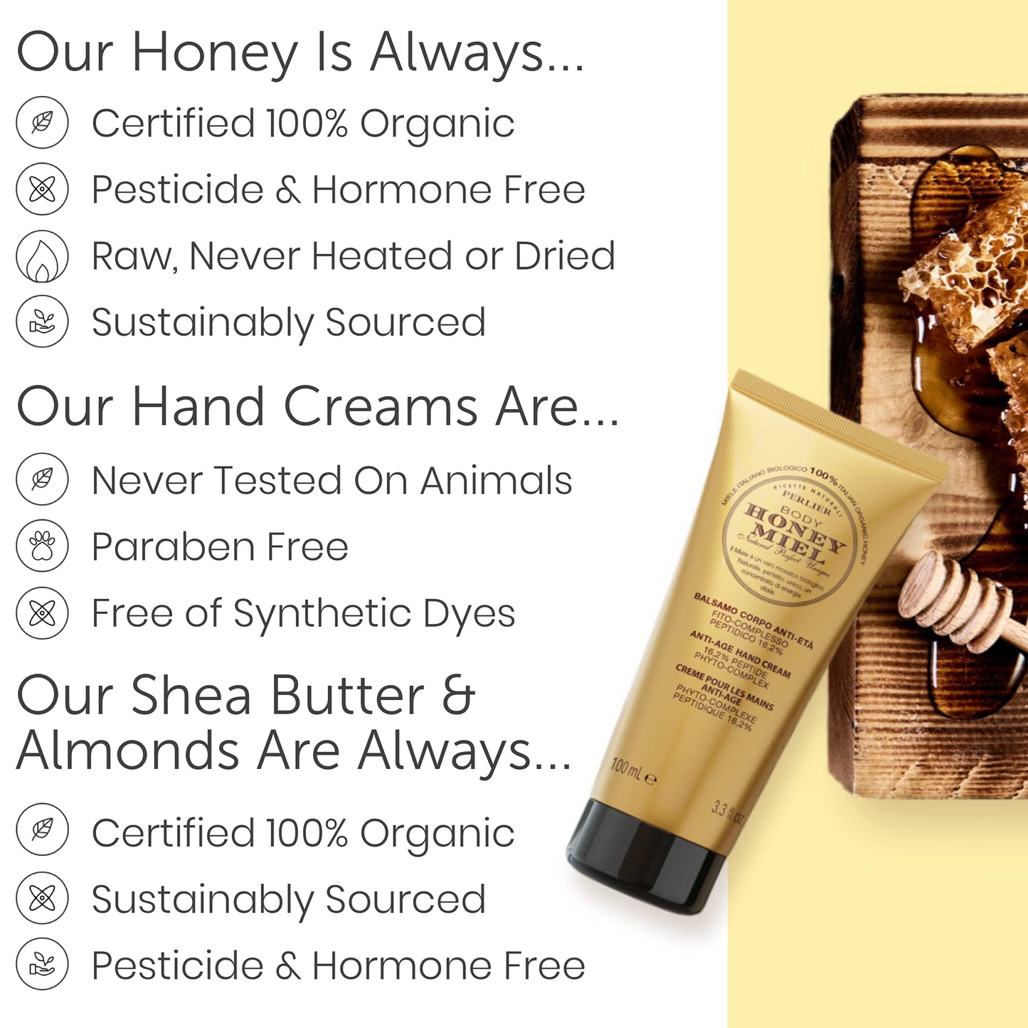 Perlier Honey Miel Anti-Aging Hand Cream, Rich, Moisturizing Lotion Made with 100% Organic Italian, Royal Jelly, Shea Butter for Deep Repairing Hydration, 3.3 Fl Oz
