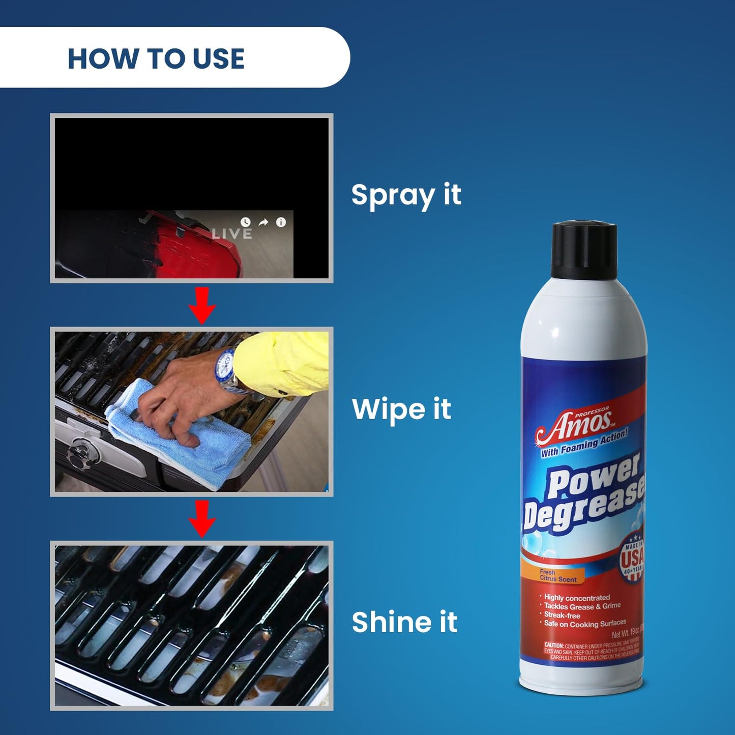 Professor Amos Grill Degreaser Removes Stubborn Grease & Grime Power Degreaser Powerful Multipurpose Cleaning Solution for Home & Commercial like Oven, Stove Cleaner Citrus Zest 19 Oz