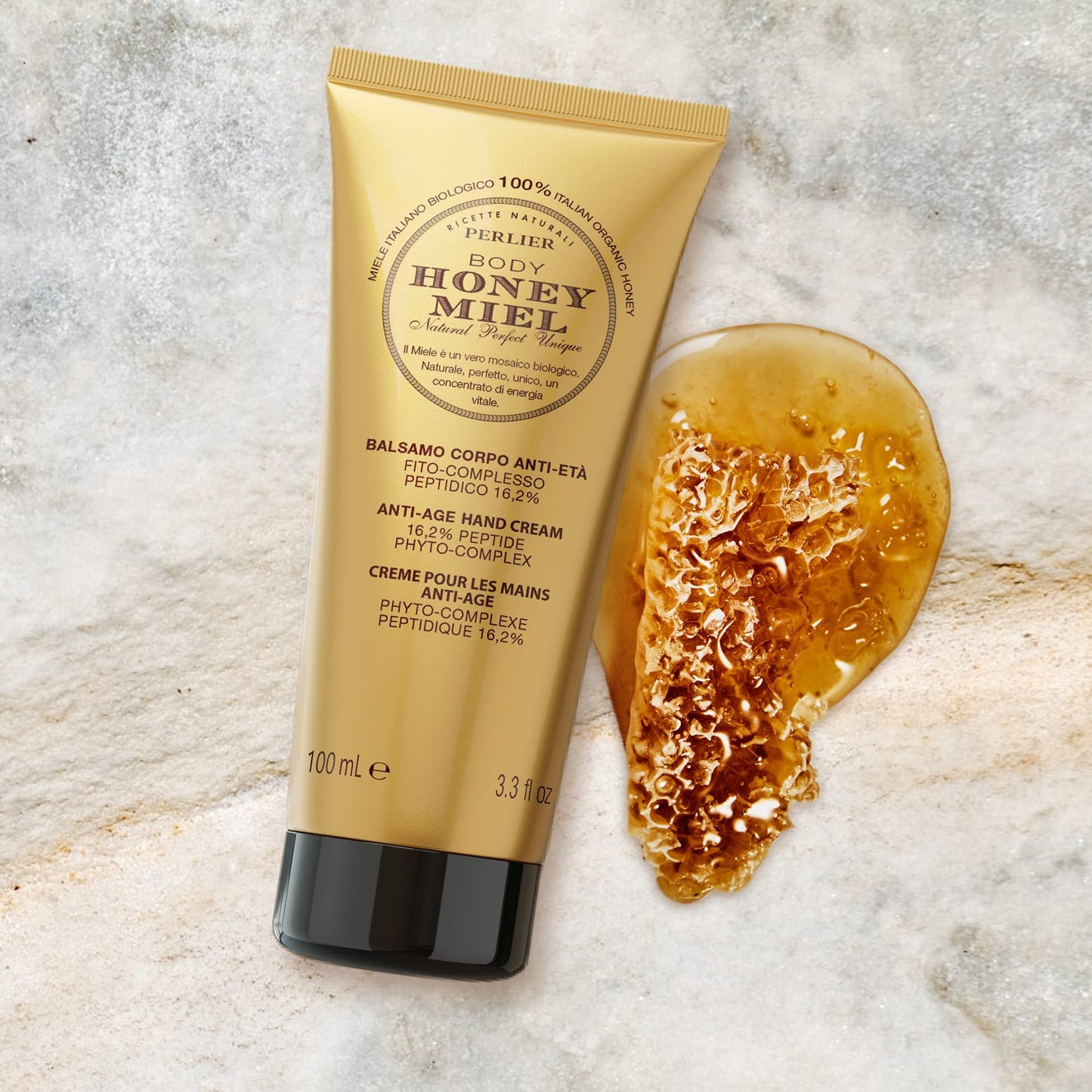 Perlier Honey Miel Anti-Aging Hand Cream, Rich, Moisturizing Lotion Made with 100% Organic Italian, Royal Jelly, Shea Butter for Deep Repairing Hydration, 3.3 Fl Oz