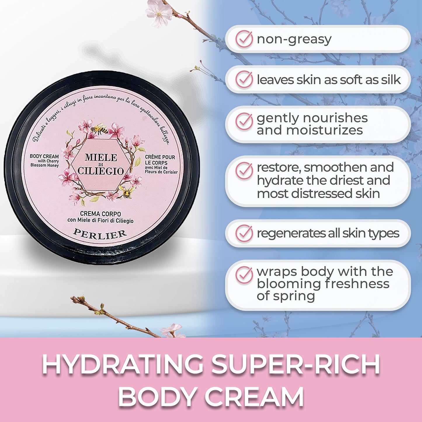 Perlier Cherry Blossom Honey Body Cream - Moisturizing Non-Greasy Cream For Dry Skin - Formulated for Extra Hydration 6.7 Oz