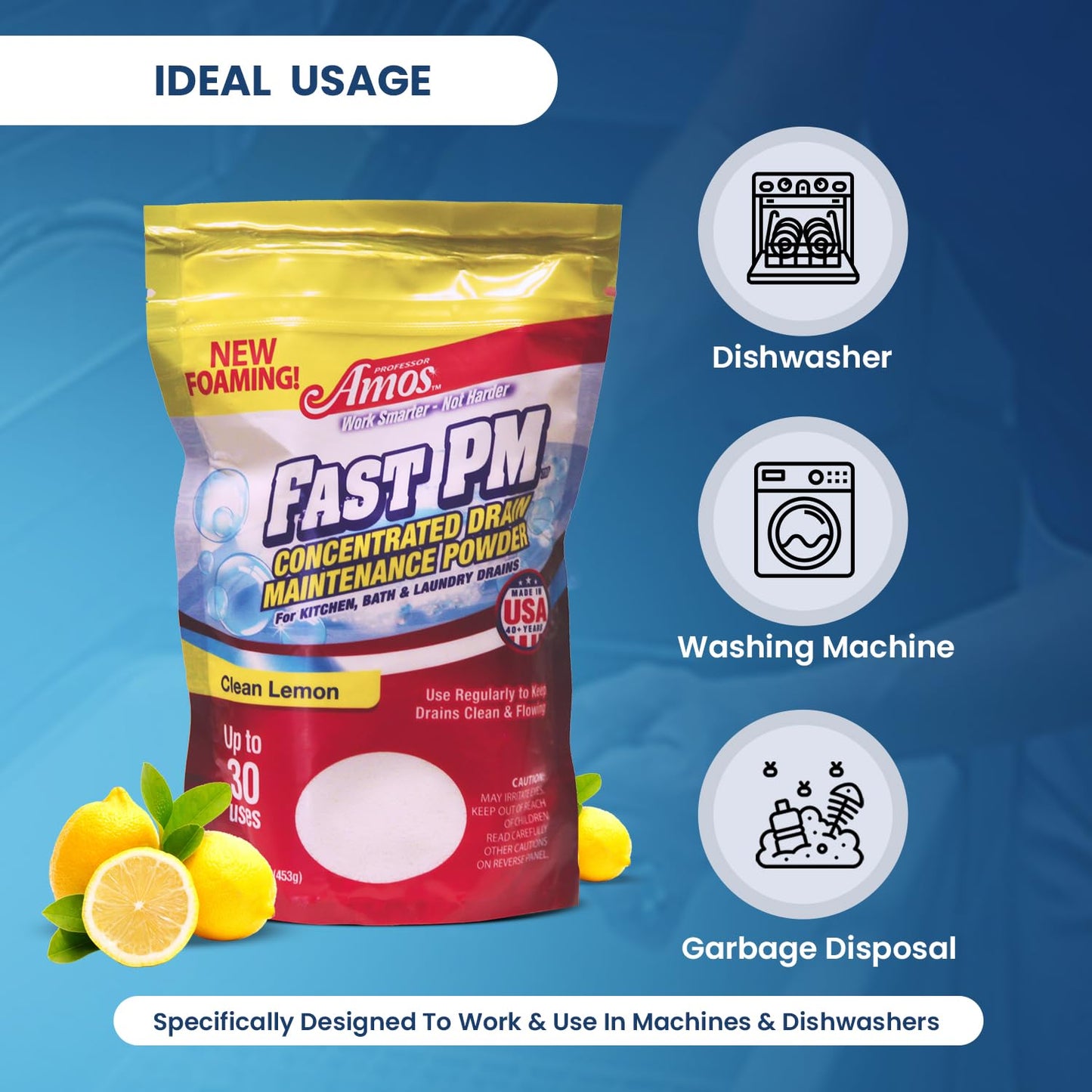 Professor Amos Fast PM 16oz - Preventative Drain Maintenance Powder Concentrate - Garbage Disposal, Sink, Shower & Bathtub Drain Cleaner