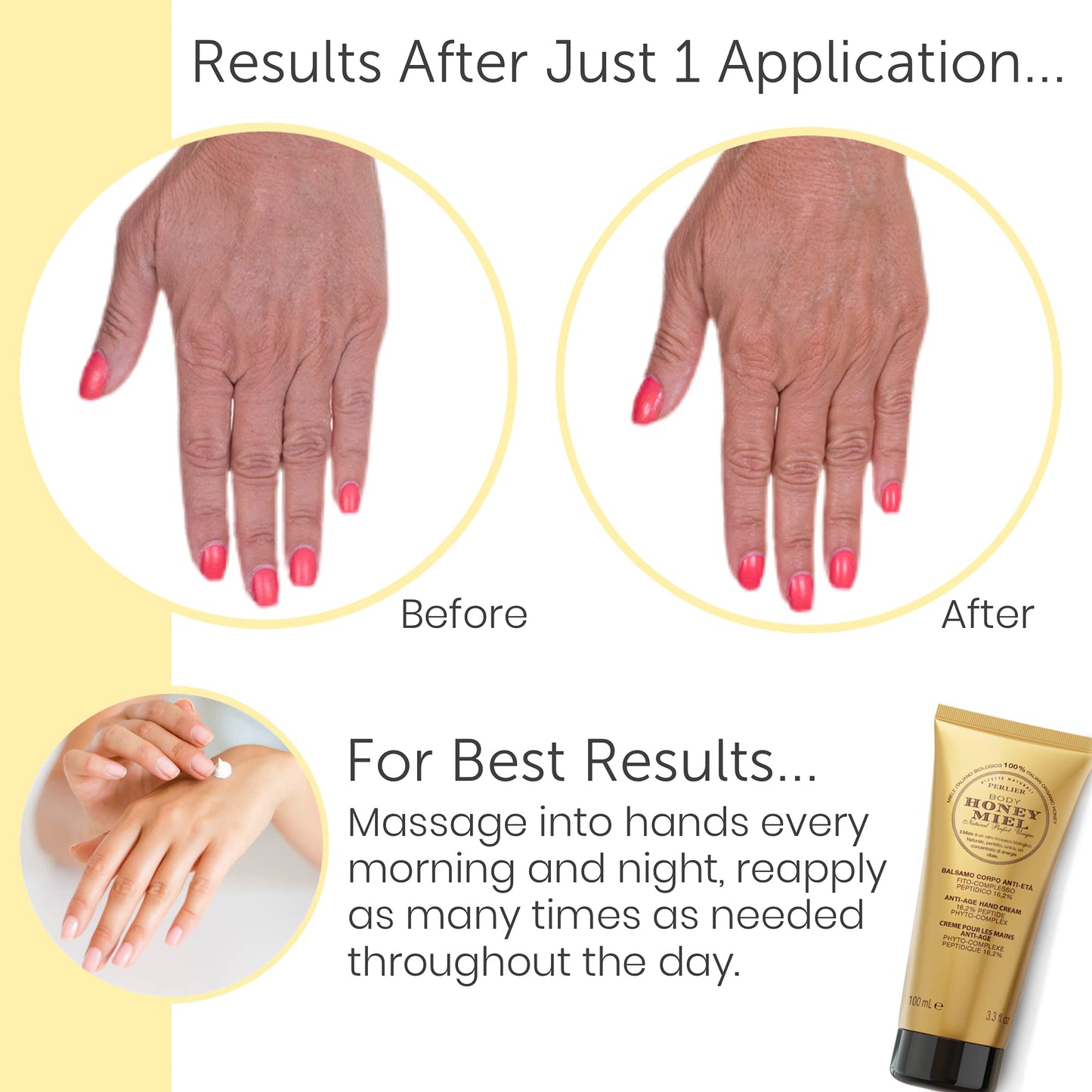 Perlier Honey Miel Anti-Aging Hand Cream, Rich, Moisturizing Lotion Made with 100% Organic Italian, Royal Jelly, Shea Butter for Deep Repairing Hydration, 3.3 Fl Oz