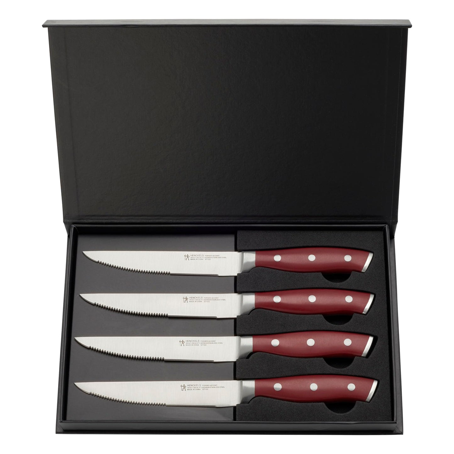 HENCKELS Forged Accent Razor-Sharp Steak Knife Set of 4, Red, German Engineered Knife Informed by over 100 Years of Mastery
