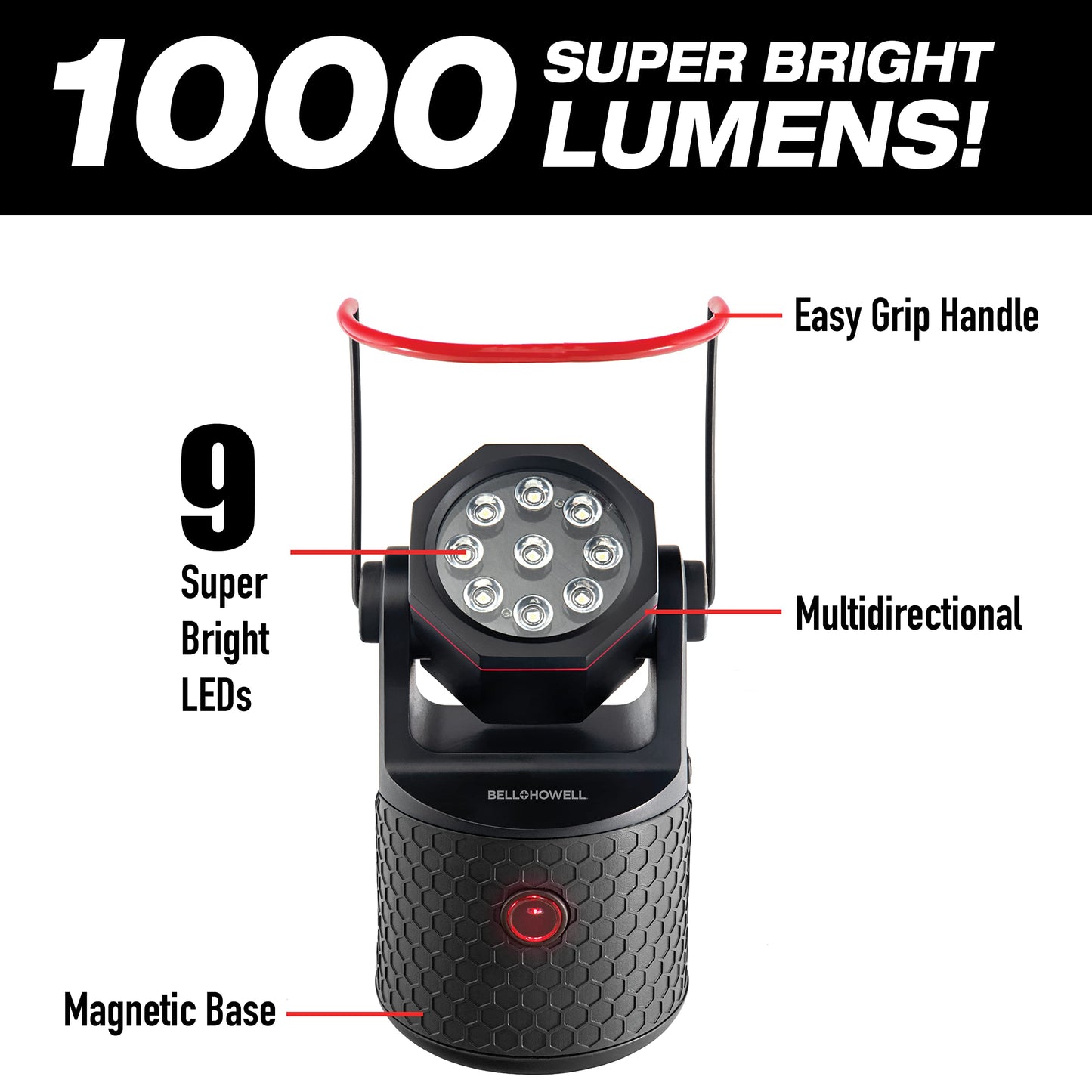 Bell+ Howell Bionic LED Work Light with Stand, Super Bright Rechargeable Portable LED Work Light, 1000 Lumen Camping Light, 50,000+ Hr. Lifespan