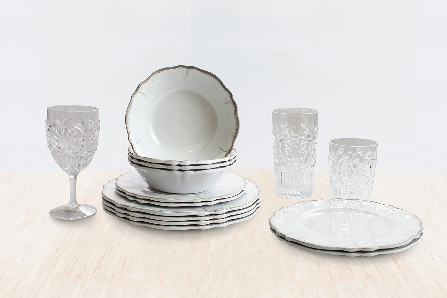 Le Cadeaux 12 Piece Luxury Melamine Dinnerware Set, Service for 4 (Rustica Antiqua White)