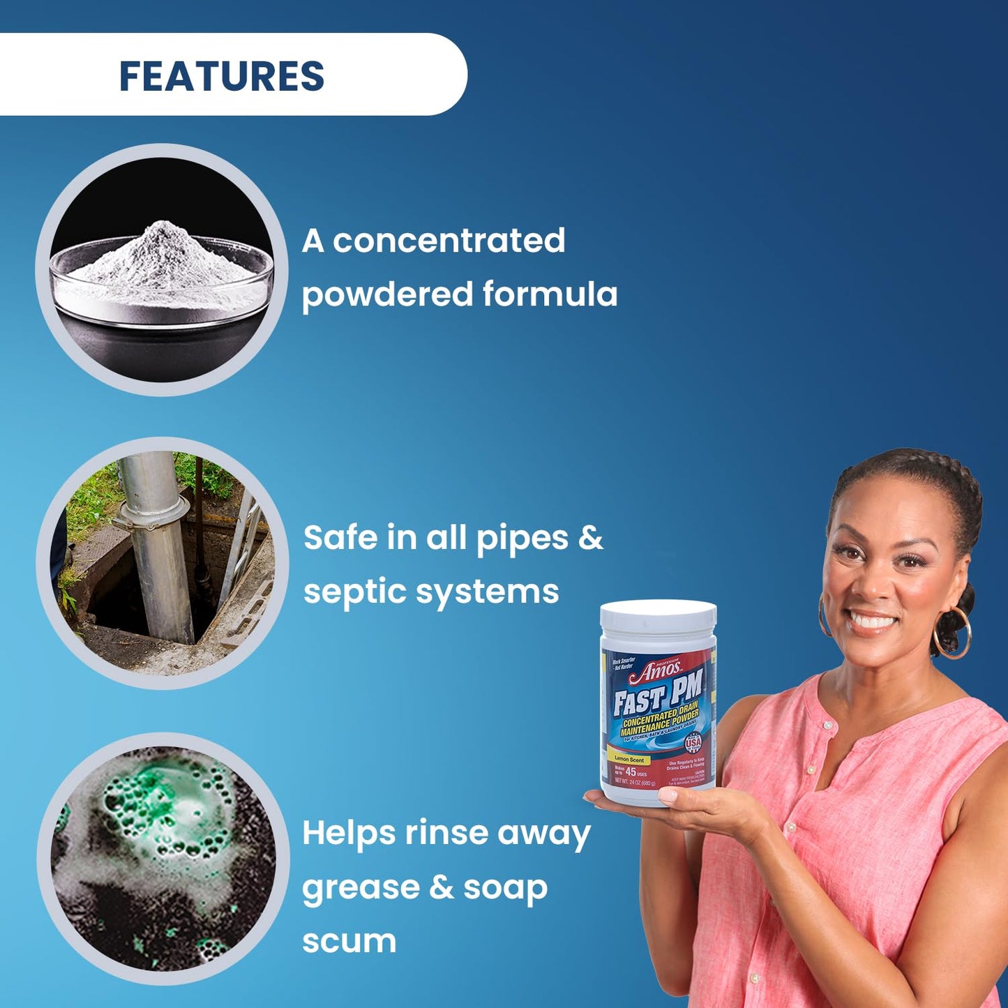 Professor Amos Fast PM Drain Maintenance Powder Concentrate Preventative Drain Cleaner Powder Garbage Disposal, Washing Machine, Dishwasher, Sink, Bathtub, Shower 24 Oz