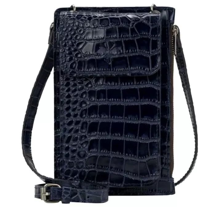 Patricia Nash Chiavella Croco Embossed Leather Phone Crossbody Wallet RFID-Navy, 4.875" L x 1.375" W x 7.625" H, 22.5-25.5" Strap, RFID Protection - Navy