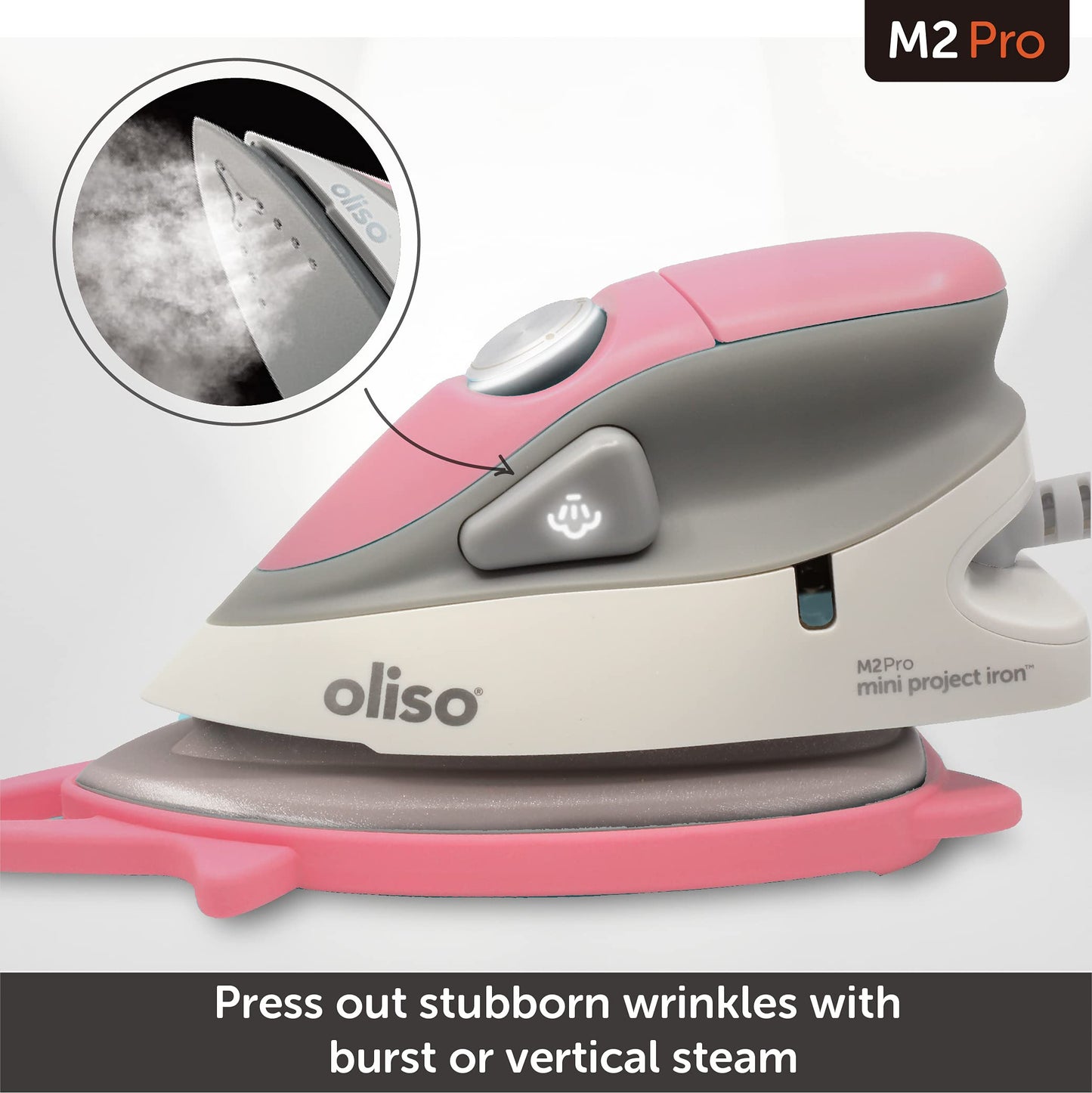 Oliso M2 Mini Project Steam Iron with Solemate - for Sewing, Quilting, Crafting, and Travel | 1000 Watt Dual Voltage Ceramic Soleplate Steam Iron, Pink