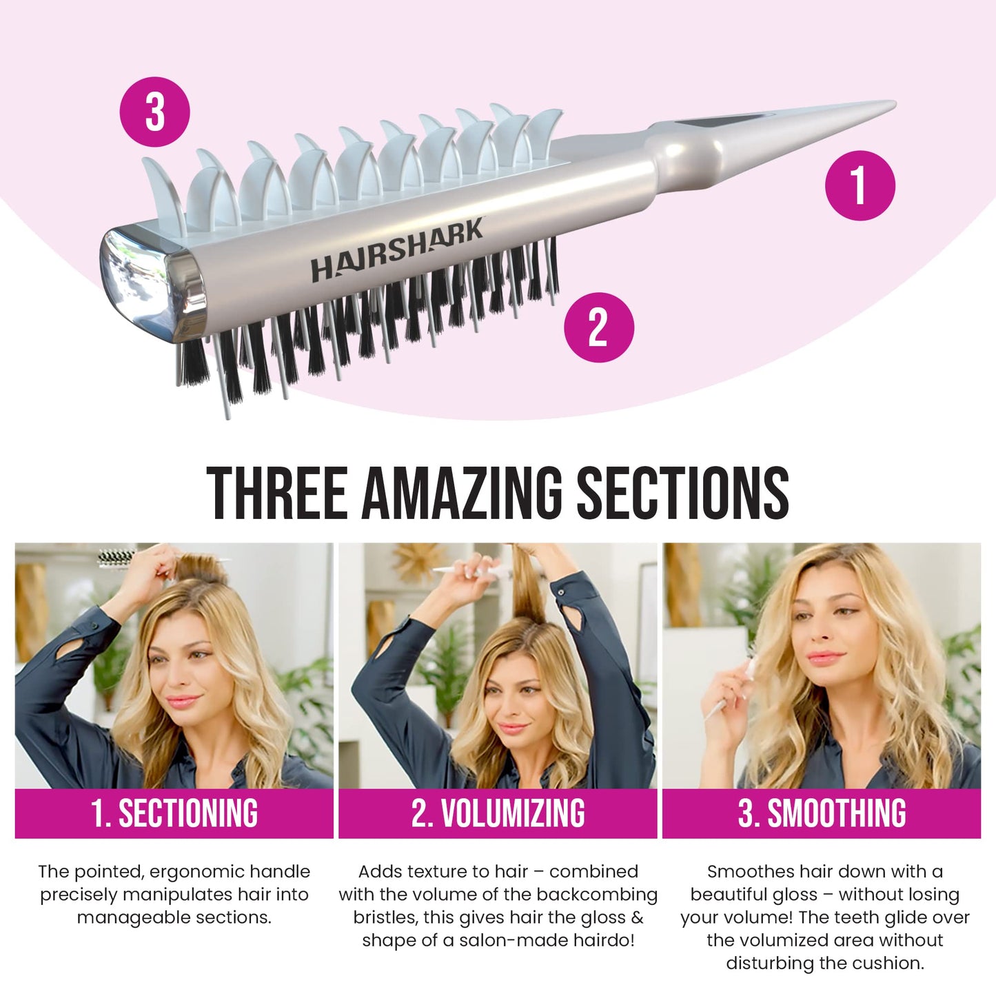 HAIRSHARK 3-in-1 Volume Hair Brush, Two-Sided Backcombing/Scalp Brush w/ Boar and Polymer Bristles, Easy To Use Styling Comb for All Hair Types, Volume, Blow Dry Look, & Wave Brush