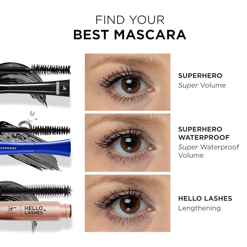 IT Cosmetics Superhero Mascara – Volumizing and Lengthening Black Mascara – Buildable Lash Volume with Collagen, Biotin & Peptides – Lifting & Curling Formula – Suitable for Sensitive Eyes