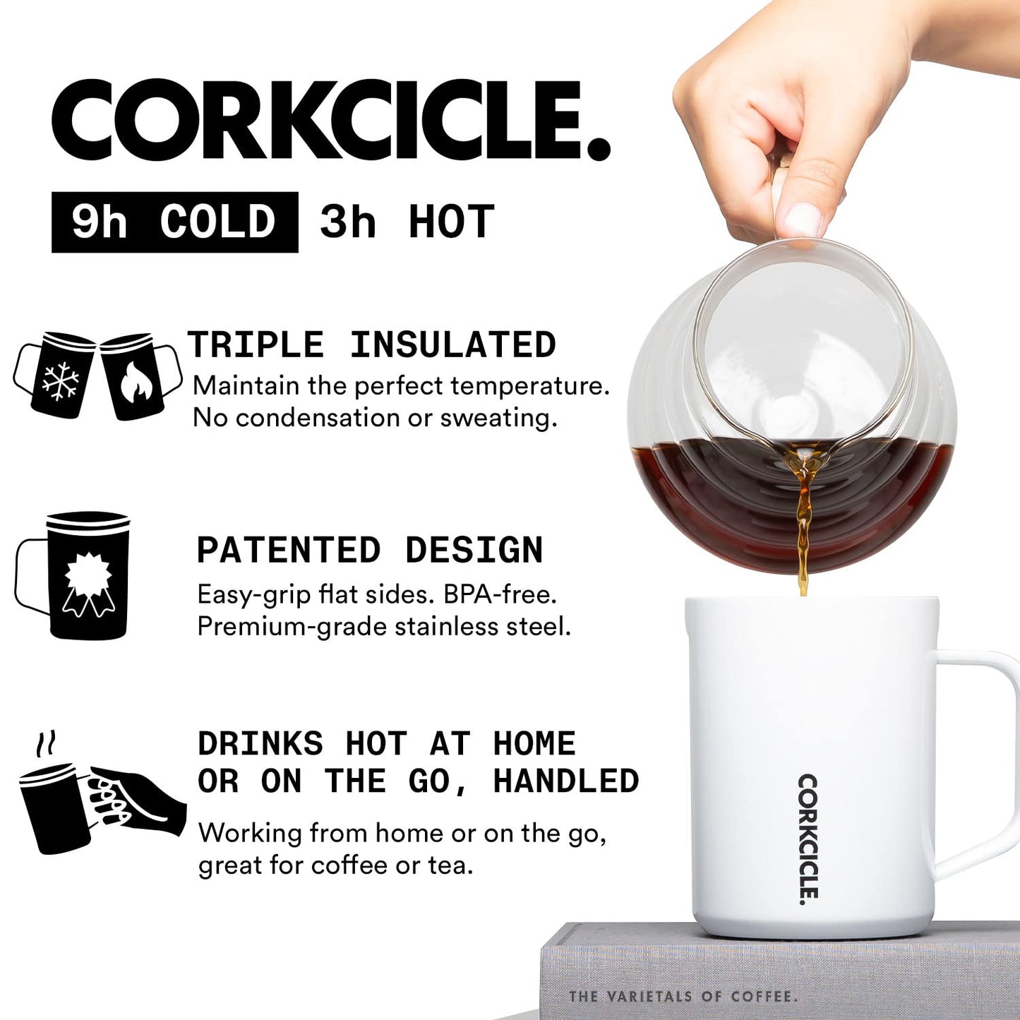 Corkcicle Origins Travel Coffee Mug - Triple Insulated Stainless Steel Cup with Handle for Tea, Hot Chocolate, Coffees, & More - Spill Proof, Reusable, BPA-Free, Dishwasher Safe - 475ml/16oz