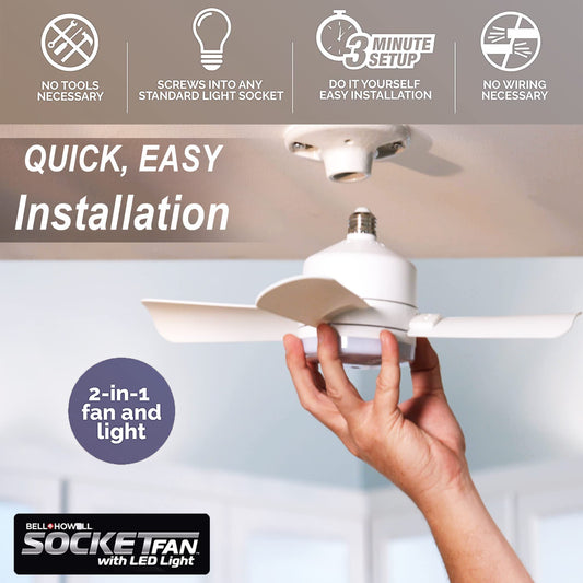 Bell+Howell Socket Breeze Light 5-Speed Deluxe LED – Ceiling Fans with Lights and Remote Control – For Bedroom, Kitchen, Living Room,1000 Lumens / 5000 Kelvins As Seen On TV