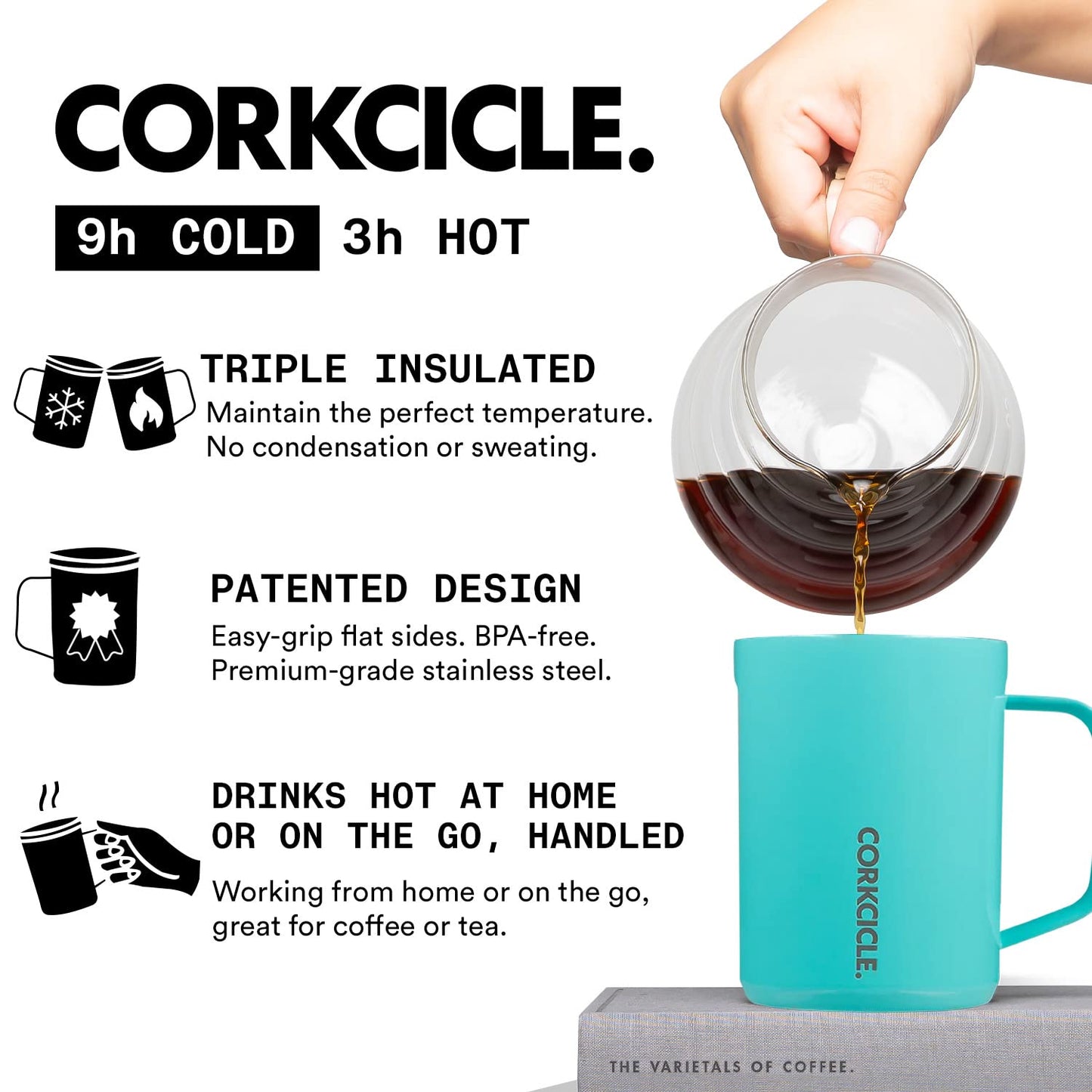 Corkcicle Origins Travel Coffee Mug - Triple Insulated Stainless Steel Cup with Handle for Tea, Hot Chocolate, Coffees, & More - Spill Proof, Reusable, BPA-Free, Dishwasher Safe - 475ml/16oz