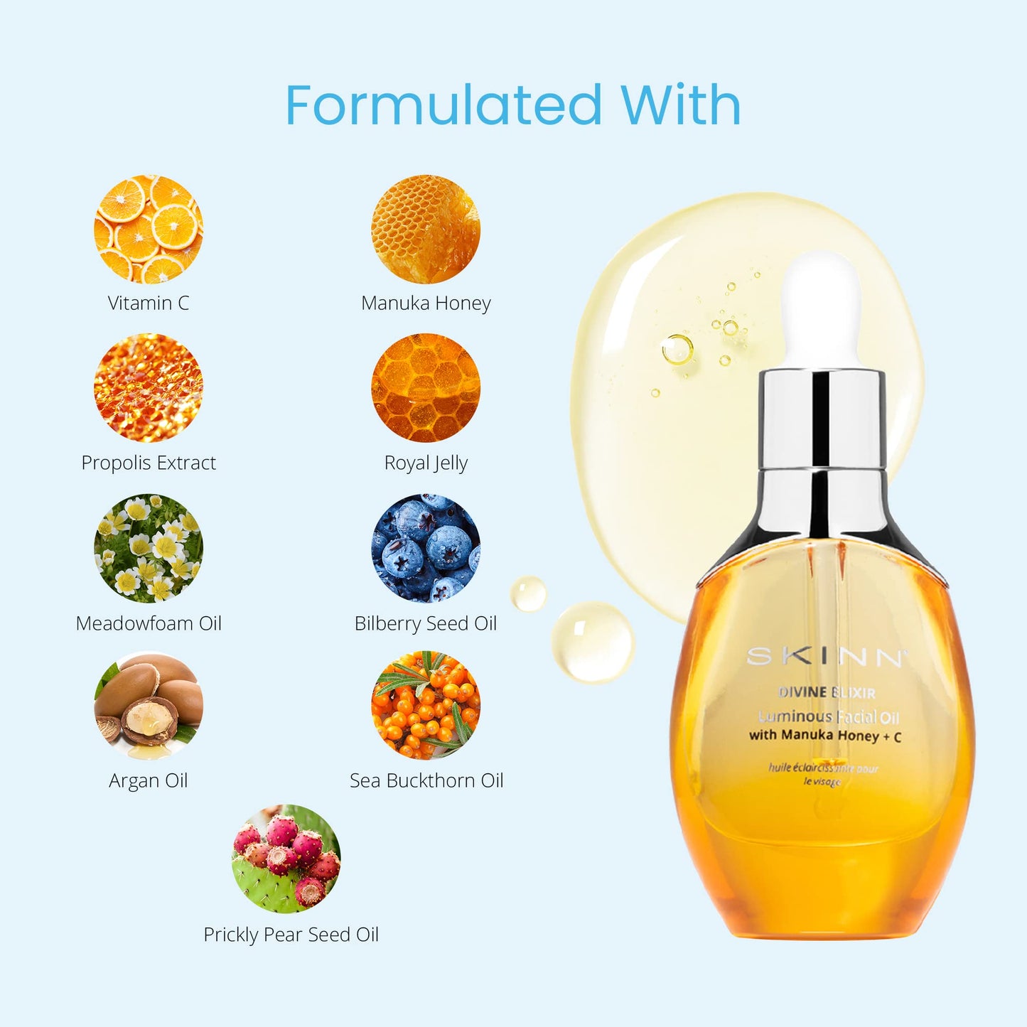 SKINN Luminous Anti-Aging Facial Oil Trio Gift Set | Hydrate, Firm, and Brighten with Vitamin C & Manuka Honey | Includes Luminous, Firming Algae, & Ayurvedic Blends for Fine Lines and Wrinkles