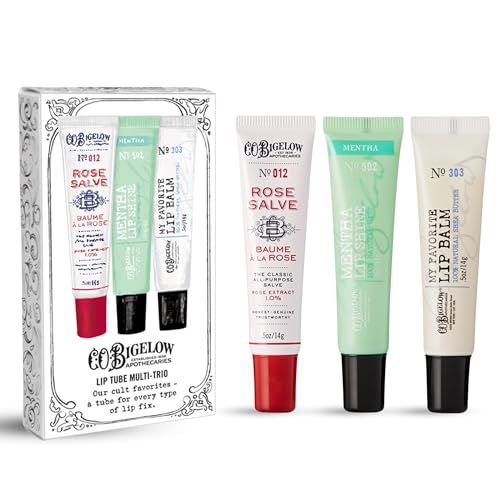 C.O. Bigelow Lip Balm Tube Trio, Variety Pack includes Rose Salve, My Favorite Lip Balm, Mentha Shine, Moisturizing Balms, 3 Pack, 0.5 oz Each