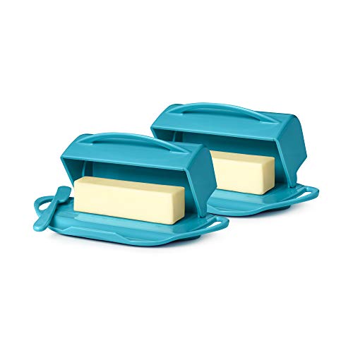 Butterie Flip-Top Butter Dish with Lid & Matching Knife, 2-pack, No-Mess, Holds 2 Sticks/Kerrygold Butter, Shatterproof, Dishwasher Safe
