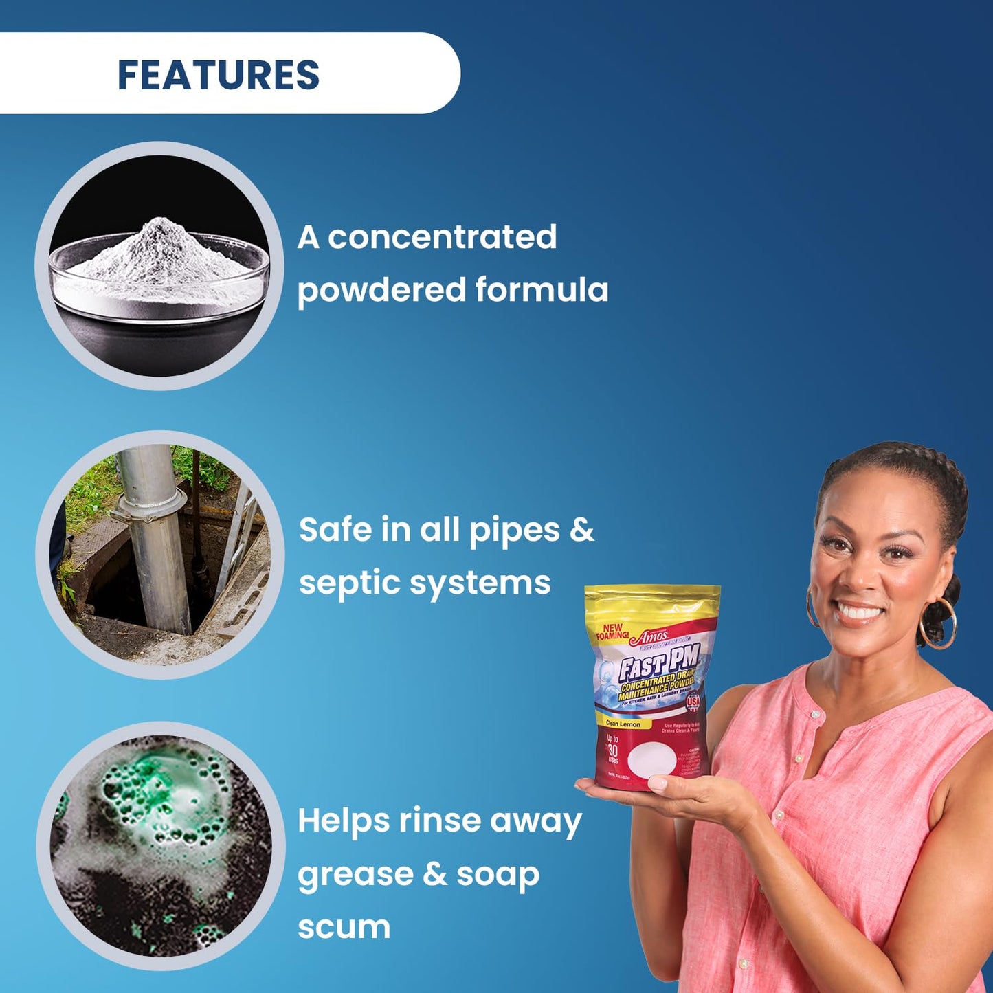 Professor Amos Fast PM 16oz - Preventative Drain Maintenance Powder Concentrate - Garbage Disposal, Sink, Shower & Bathtub Drain Cleaner