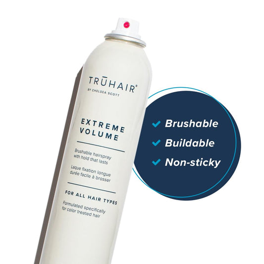 Truhair Extreme Volume Brushable Hairspray with Panthenol | Fights Frizz & Humidity | Extra Hold Hair Spray for Women | Buildable, Non Sticky, Unscented for All Hair Types | Travel Size (10 Oz)