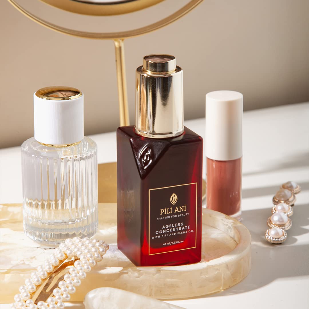 Pili Ani Ageless Concentrate – The perfect hydrating facial oil for daytime use, made with Pure Pili Oil and Elemi Oil for radiant and glowing skin. Vitamin E oil for face skincare 1.35 oz.