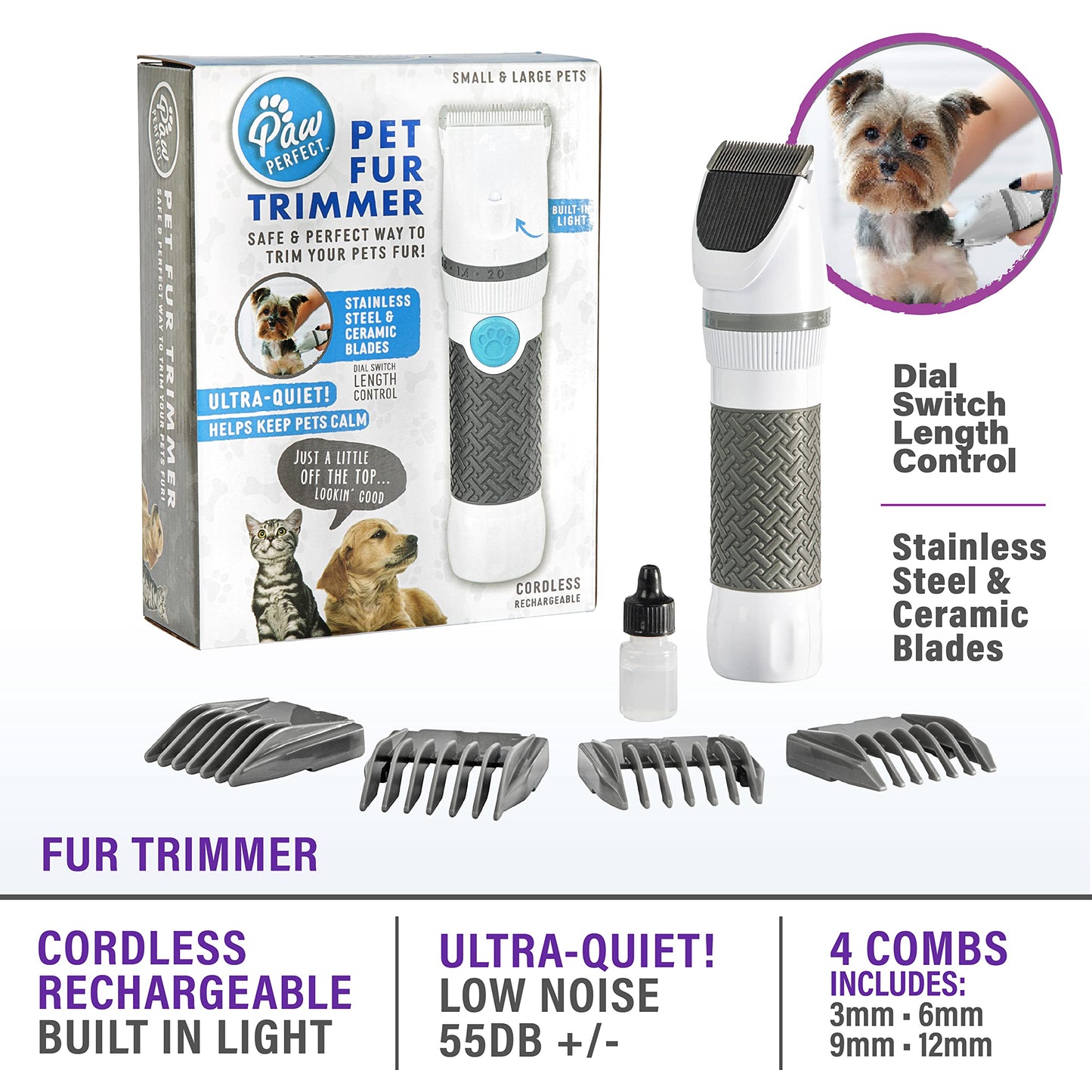 Bell+Howell PawPerfect Pet Fur and Hair Trimmer, Clippers with Stainless Steel and Ceramic Blades Low Noise Rechargeable and Cordless Shaver for Furry Pets As Seen On TV