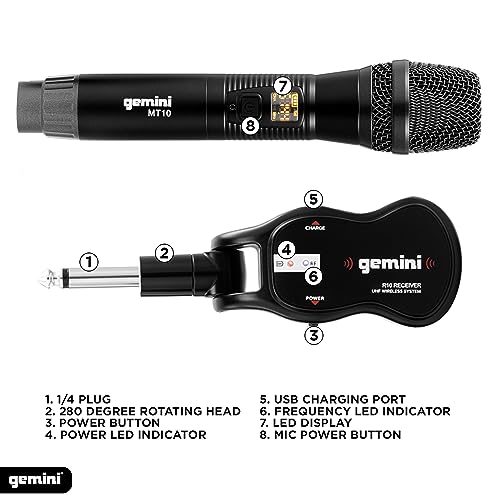 Gemini Sound Pro Audio GMU Plug and Sing Karaoke DJ Bluetooth Wireless UHF Band Handheld Microphone with Cordless 1/4" Inch Jack Transmitter Adapter for Speakers