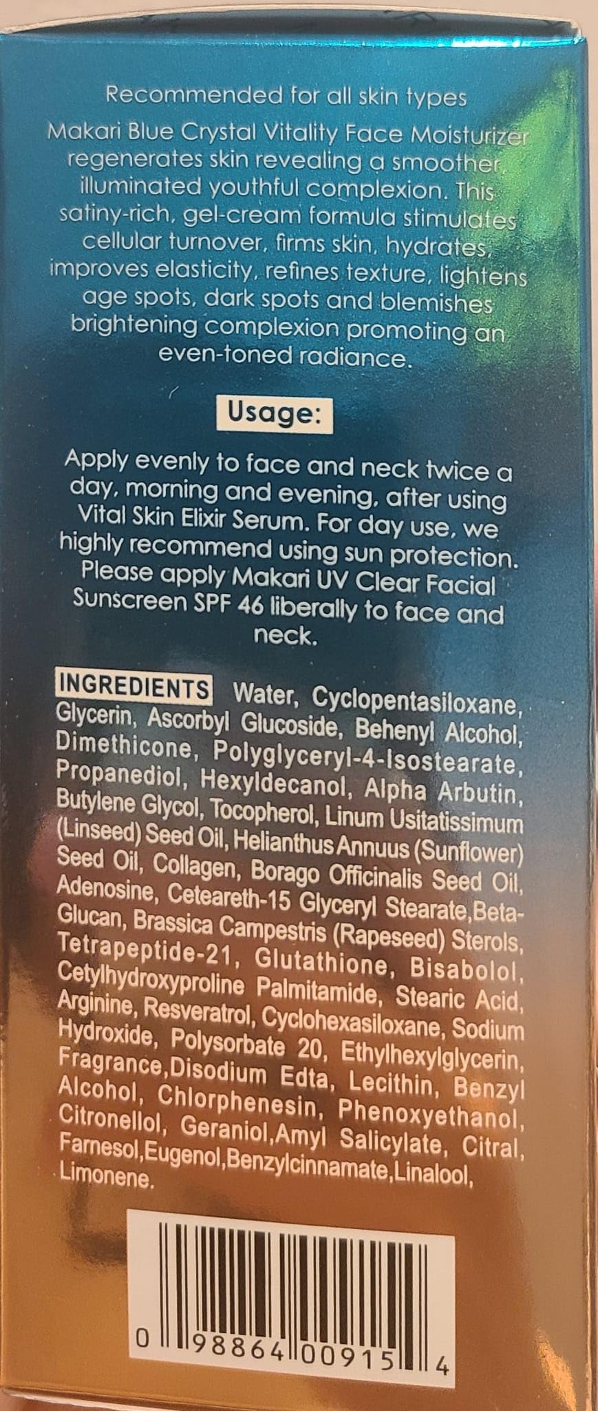 Makari Ultimate Intense Blue Crystal Vitality Face Moisturizer | Face Cream with Collagen and Glutathione | Facial Moisturizer for Women and Men | Hydrating Face Lotion with Sunflower Seed Oil (50 ml)