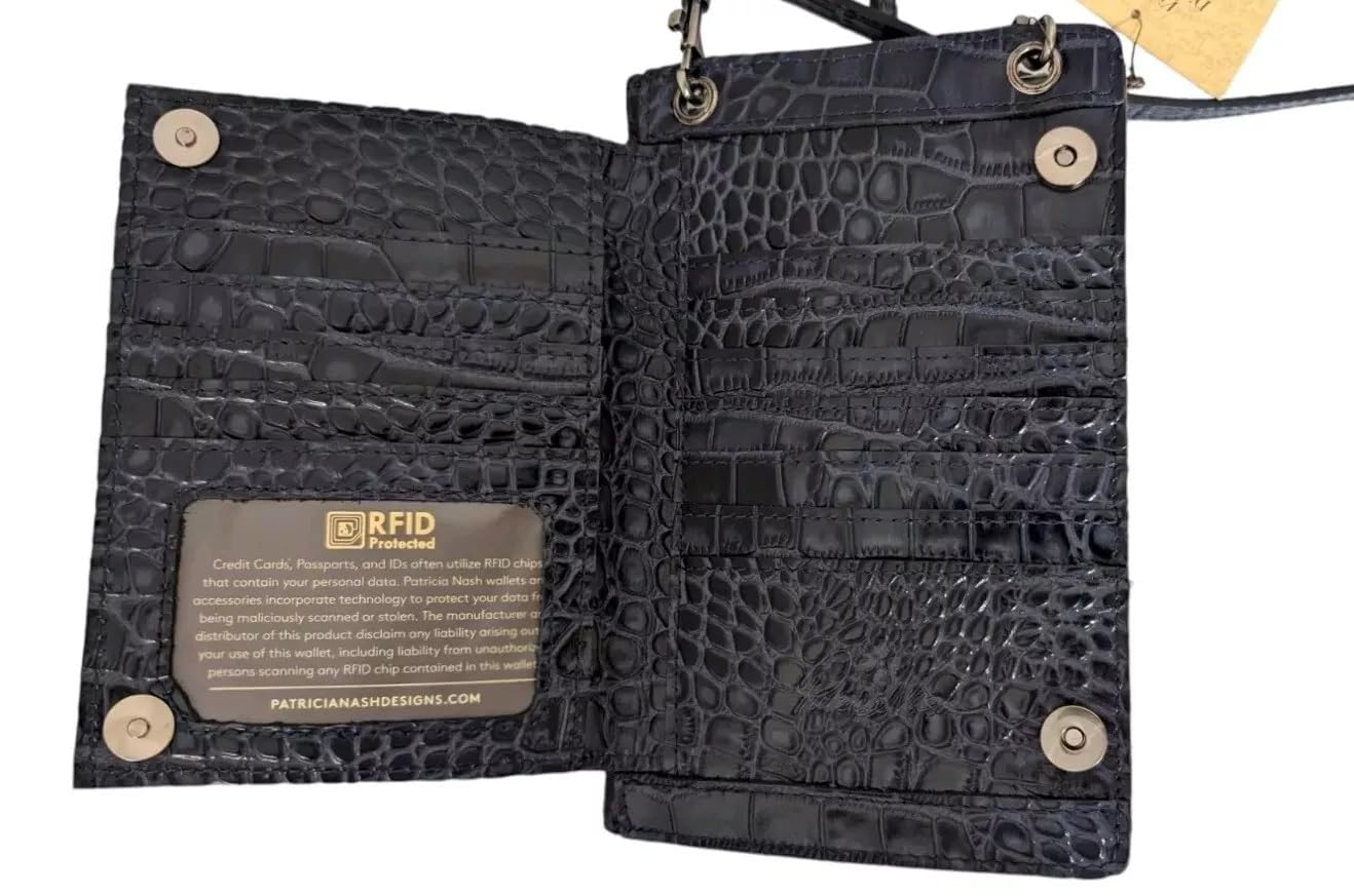Patricia Nash Chiavella Croco Embossed Leather Phone Crossbody Wallet RFID-Navy, 4.875" L x 1.375" W x 7.625" H, 22.5-25.5" Strap, RFID Protection - Navy