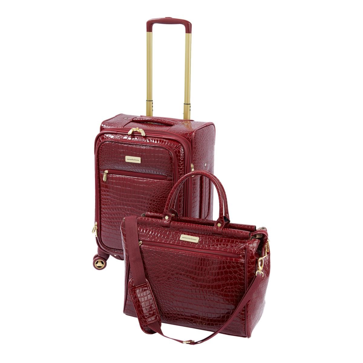 Samantha Samantha BrownBrown Luggage Croco Embossed 22" Upright Spinner + Dowel Bag